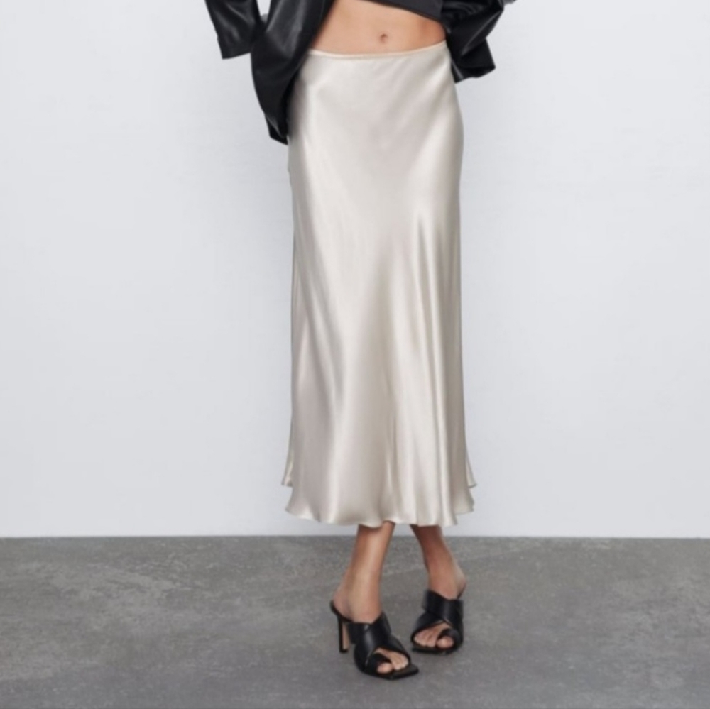 Zara Cream Silk Midi Skirt